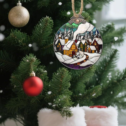 Stained Glass Christmas Decorations, Winter Snow Cabin Suncatcher for Window Christmas Tree Hanging Ornaments Retro White Sun Catcher Xmas Decor Gifts for Women Men Mom Nana Friend