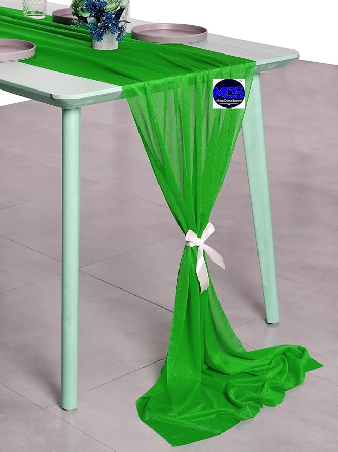 MDS 25 Pack 10ft Chiffon Table Runner 29 x 120 Inches Sheer Wedding Runner Romantic Rustic Table Runner for Wedding Decorations, Birthday Parties, Bridal Shower Party Arch Decor - Green