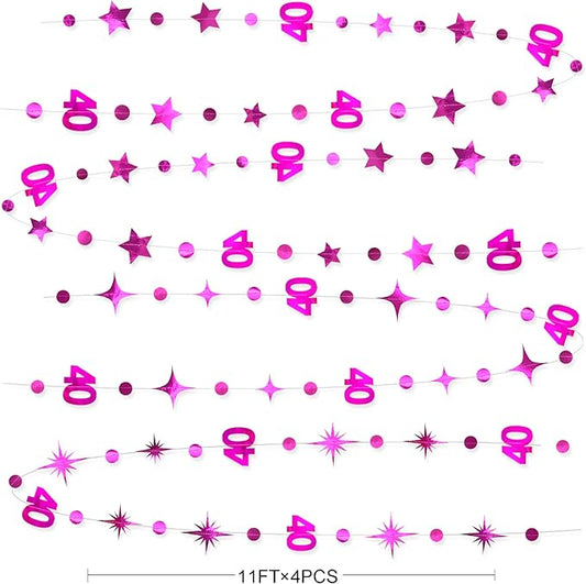 Hot Pink 40th Birthday Decorations Number 40 Circle Dot Twinkle Star Garland Metallic Hanging Streamer Bunting Banner Backdrop for Women Cheers to 40 Years Old Bday Forty Anniversary Party Supplies