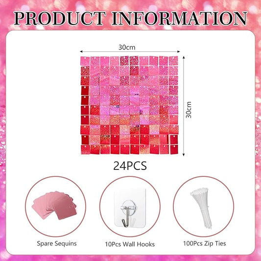 24PCS Deep Pink Shimmer Wall Backdrop, Laser Square Sequin Photo Backdrops Panel, Glitter Wall Background for Birthdays, Weddings, Christmas, Engagements, Disco Bachelorette Party Decor (4FTx6FT)