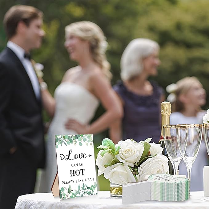 60Pcs Wedding Fan Gifts for Guests Greenery Handheld Fan with 1 Wedding Table Sign, Greenery Wedding Favors Thank You Fans for Guests Hostess Gifts Plastic Handheld Heart Shape Fan Green Leaf Pattern