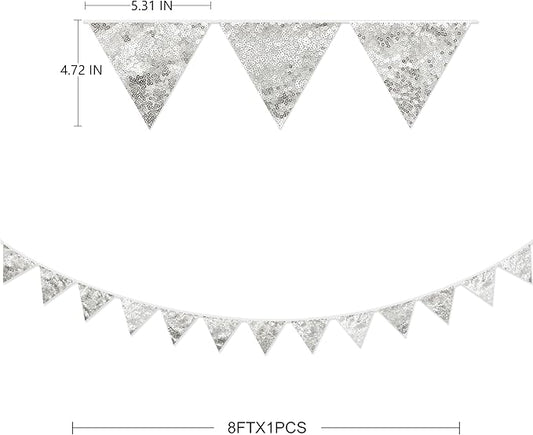 Pinkblume Double Sided Sequin Fabric Triangle Pennant Banner Flag Bunting Garland for Silver Theme Nursery Classroom Home Bedroom Wall Holiday Christmas Decor