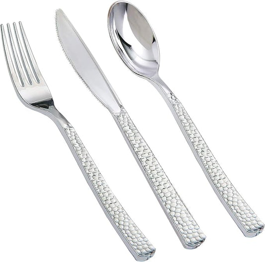 Supernal 180 pieces Silver Plastic Silverware, Disposable Plastic Silverware Heavy Duty, Silver Disposable Cutlery Sets Include 60 Forks, 60 Knives and 60 Spoons Suitable for Birthday, Party, Wedding