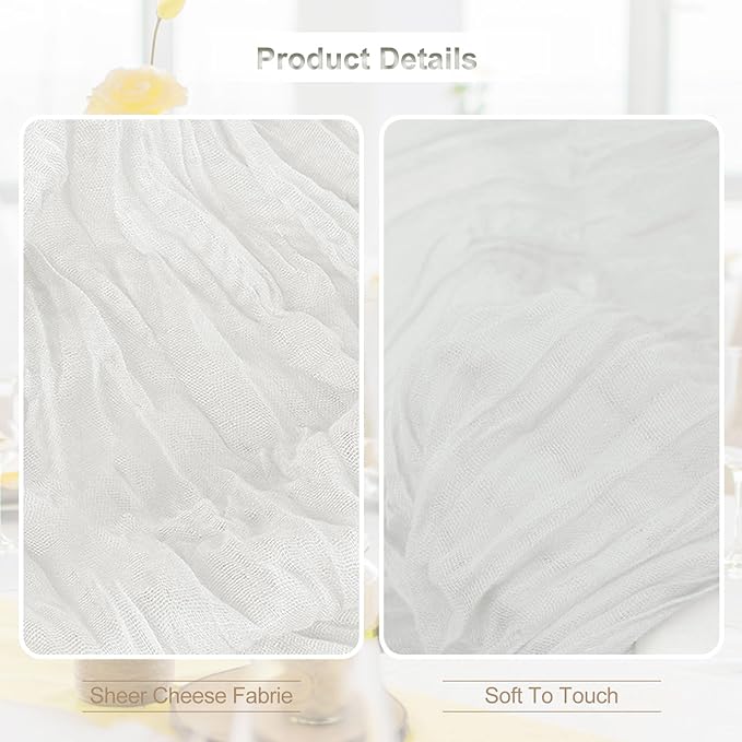 6 Pack White Cheesecloth Table Runner 35x120 Inch 10Ft Rustic Gauze Cheese Cloth Thanksgiving Table Runner Sheer Cheesecloth Table Runners for Wedding Party Bridal Shower Decoration