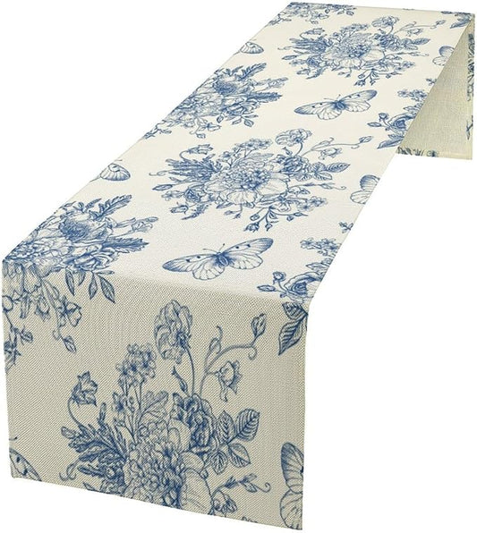 Monochrome Sketch Flowers Table Runner, Seasonal Spring Fall Plants Blue Florals Butterfly Dinner Runner for Home Kitchen Dining Table Party Holiday Decoration 13"x36"