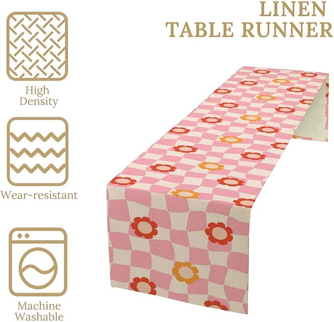 Vintage Floral Table Runner,60s Retro Color Funky Hippie Print Table Cloth Kitchen Dining Table Home Party Decoration 13x36 Inch
