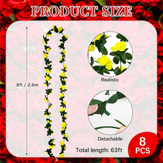 8Pcs 63Ft Yellow Rose Garland, Fake Rose Hanging Flowers, Artificial Flower Vine, Hanging Floral Vine Garland for Wedding, Birthday Party, Wall Arch, Halloween, Christmas Garden Backdrop Decor