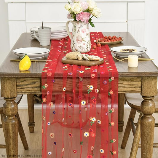 Artoid Mode 3PCS Red Embroidery Daisy Gauze Table Runner 120 Inch 10FT, Seasonal Sheer Dining Holiday Wedding Birthday Table Decor for Home Party