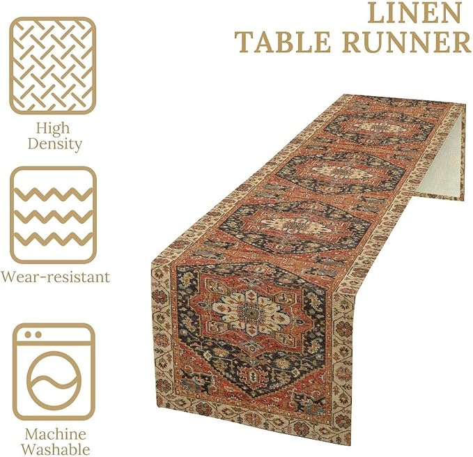 Vintage Boho Floral Table Runner, Rustic Country Farmhouse Orange Black Retro Flower Pattern for Home Kitchen Table Decor Dining Coffee Room Party Decor 13x60in