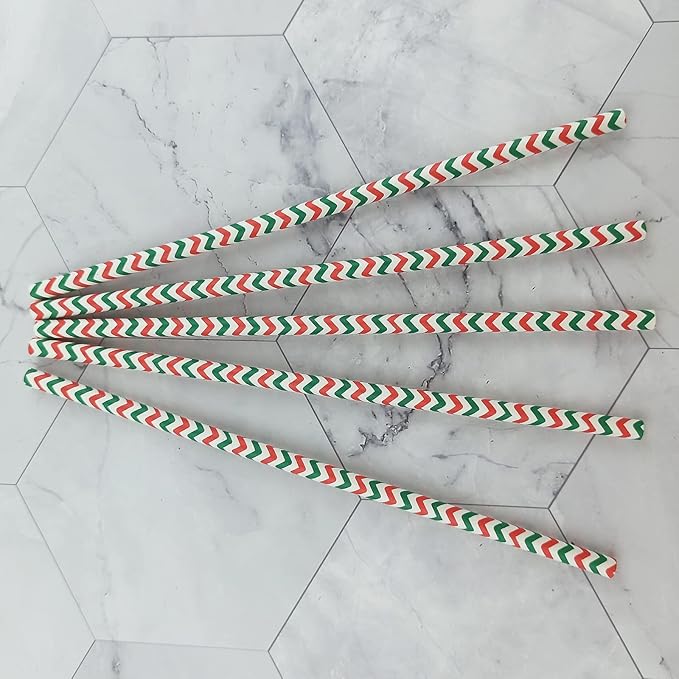 YAOSHENG Premium Disposable Waves Striped Drinking Paper Straws, Pack 100 Red and Green Waves Paper Straws for Cocktail Party Supplies,Birthday,Bridal/Baby Shower,Juice,Shakes (Red & Green Waves)