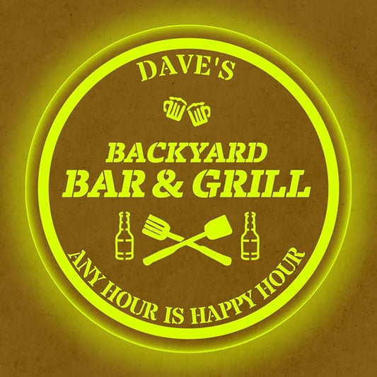 Custom Acrylic LED Bar Sign – Personalized Color Changing Wall Decor for Backyard Patio, Home Bar, Kitchen, or Man Cave (Bar & Grill, 12 INCHES)