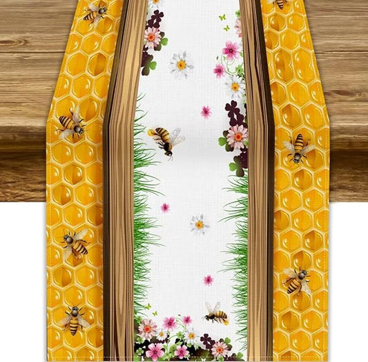 Watercolor Honeycomb Table Runner, Farmhouse Spring Summer Autumn Fall Floral Daisy Bee Print Kitchen Dining Table Decoration for Home Party Decor, 13x60inch