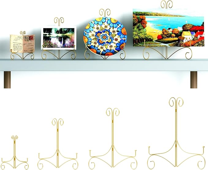 Iron Plate Stand for Display with Folding Design, Picture Stands for Tables, 12 Inch Large Easels for Displaying for Book, Art Piece, Photo and Platter, 12’’ Gold, 2-Pack