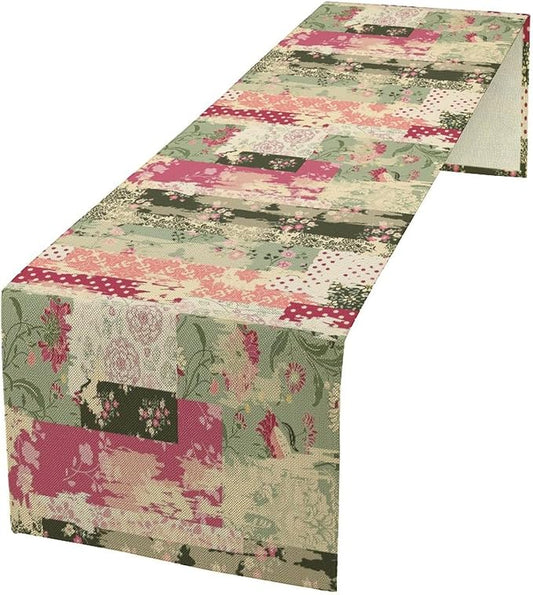Patchwork Flower Table Runner,Abstract Colorful Floral Retro Style Hand Drawn Tablecloth Burlap for Hotel Indoors Outdoor Dining Room Kitchen Home Decor,W13X L80 in