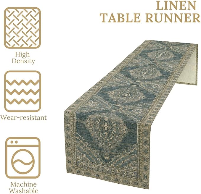 Boho Floral Vintage Table Runner, Blue Teal Retro Flower Rustic Country Farmhouse Pattern for Home Kitchen Table Decor Dining Coffee Room Party Decor 13x90in