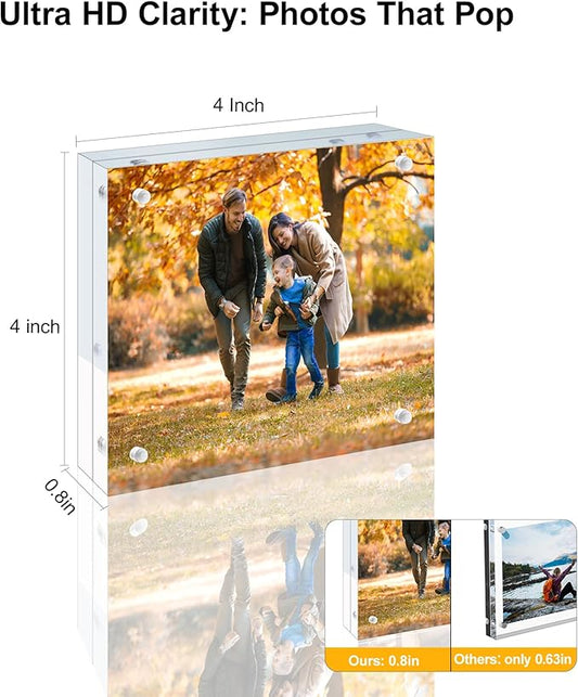 3 Pack 4x4 Acrylic Picture Frames - 20% Thicker Double Sided Magnetic Frame with UV Protection - Freestanding Clear Frameless Display for Tabletops - Modern Photo Frame Set for Home & Office Decor