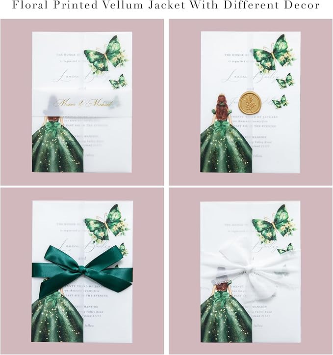 PONATIA 50 PCS Vellum Jackets for 5x7 Invitations - Vellum Paper 5x7 Jackets - 135GSM Emeral Green Girl - Butterfly Quinceanera Invitations Wraps (Emerald Green Girl)