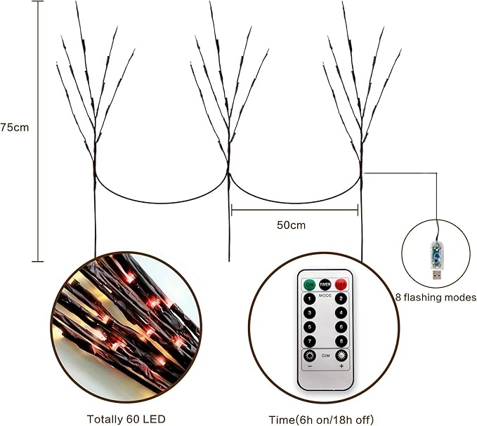 MENCH Branch Lights,3 Pcs Twig Light USB&Battery Powered 8 Flashing Modes by Remote Control.Branch Lights for Indoor, Light Up Decorations for Halloween Day and Christmas,Red