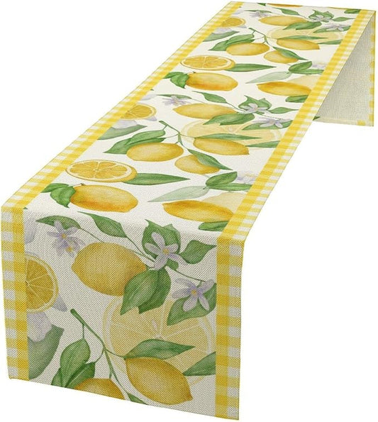 Lemon Table Runner,Yellow White Buffalo Plaid Summer Table Runner for Kitchen Dining Table Home Party Decoration 13x108 Inch