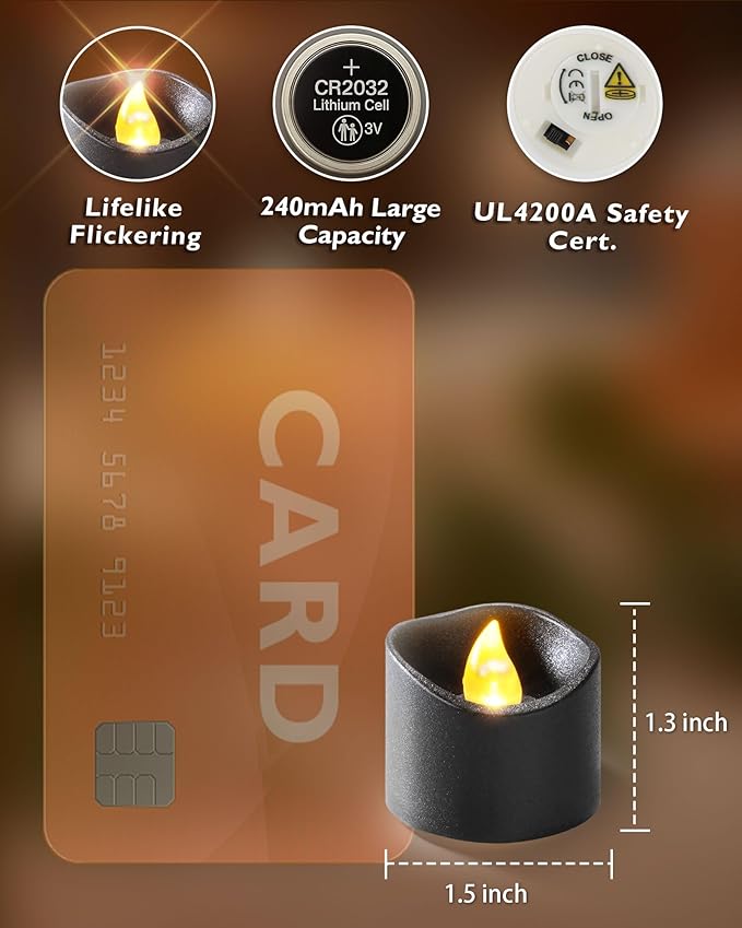 Homemory Black Tea Lights Candles Battery Operated, 200+Hour Flameless Flickering Fake Electric LED Colored Tealights Candles for Halloween, Theme Party, Wedding Table Decor, Holiday Decor, 12-Pack