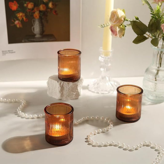 36pcs Amber Votive Candle Holders - Fall Decor, Ribbed Glass Tea Light Candle Holder, Candle Votives for Wedding Centerpiece & Home Decor