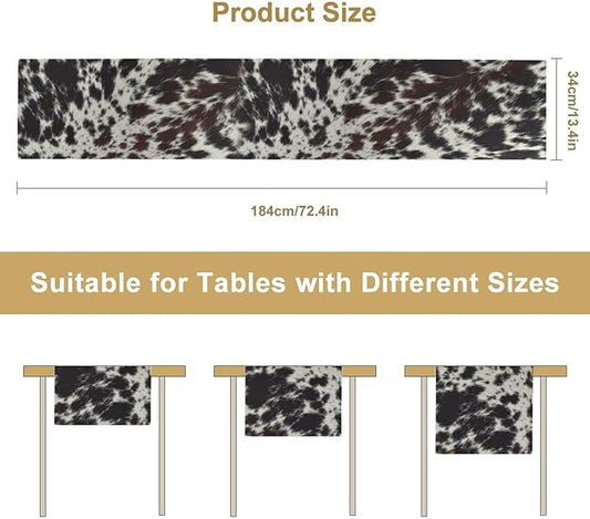 Cow Print Table Runner, Country Farm Animal Fur Skin Pattern Western Style Black Brown Cowhide Print Dinner Runner for Home Kitchen Dining Home Setting, 13x90 Inch