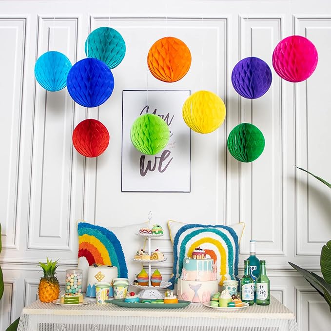 Colorful Rainbow Hanging Tissue Paper Honeycomb Balls Pride Party Decorations Pom Poms for Rainbow Sunshine Cloud Sun Themed Birthday Baby Shower Gender Reveal Wedding Party Décor