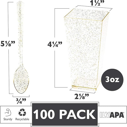Ilyapa 3oz Plastic Dessert Cups - 100 Pack Mini Dessert Cups with Spoons - Clear Reusable Small Appetizer Cup for Cheesecake Shooters, Chocolate Mousse - Party and Catering Supplies - Square Gold