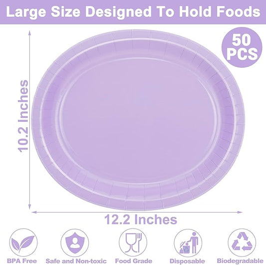 QZYL 50 Count Oval Paper Plates, 12.2'' X 10.2'' Large Lavender Disposable Plates for Daily Dinner, Wedding, Birthday, Party, Picnic, Baby Shower, Barbecue