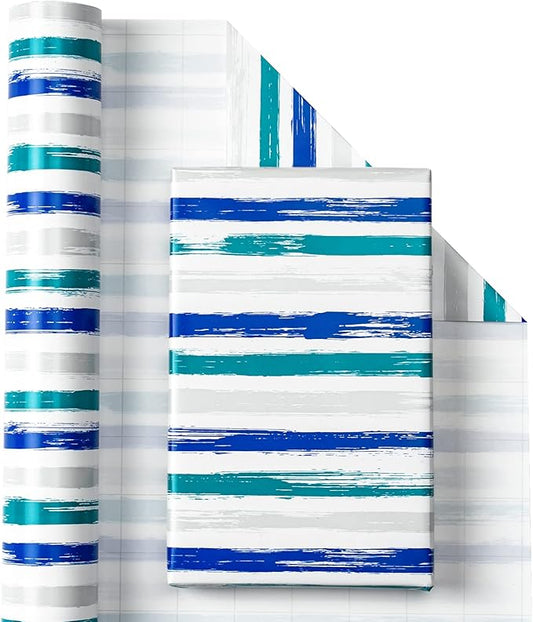 WRAPAHOLIC Reversible Blue Wrapping Paper - Mini Roll - 17 Inch X 33 Feet - Baby Boy Wrapping Paper for Birthday, Holiday, Wedding, Baby Shower