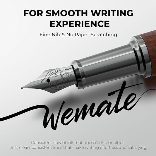WEMATE Fountain Pen Set, Fine Nib, 20 Ink Cartridges(10 Black&10 Blue), 1 Ink Converter, Smooth Writing, No Skips, Nice Gift for Men, Women, Cool Wood Fountain Pen for Writing, Calligraphy