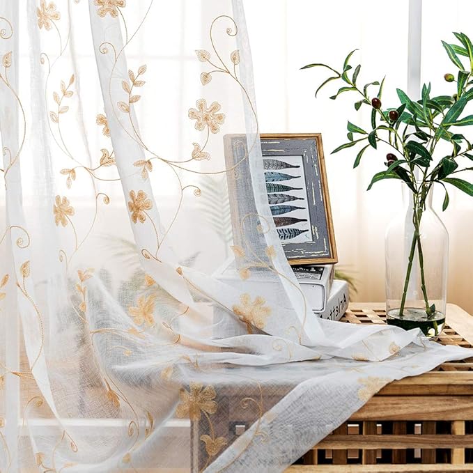 Floral Embroidery Gold Sheer Curtains 84 Inches Long, Rod Pocket Sheer Drapes for Living room, Bedroom, 2 Panels, 52"x84", Semi Crinkle Voile Window Treatments for Yard, Patio, Villa, Parlor.