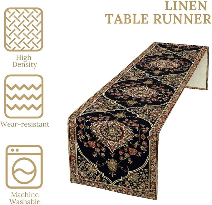 Vintage Boho Floral Table Runner, Rustic Country Farmhouse Black Bohemia Flower Pattern for Home Kitchen Table Decor Dining Cafe Room Wedding Party Decor 13x72in