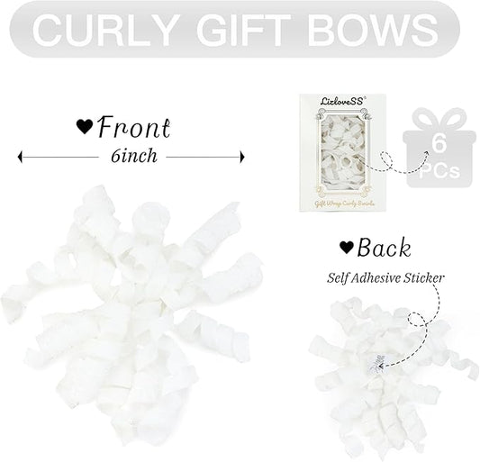 6" Metallic Glitter White Self Adhesive Curly Ribbon Gift Wrap Bows for Christmas, Holiday, Birthday, Wedding, Presents, Party Favors Decorations 6-Count