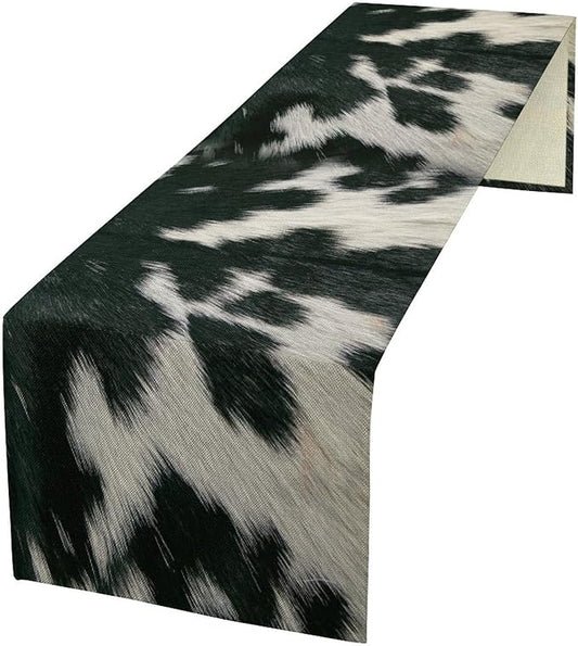 Cow Skin Print Table Runner, Rustic Country Farm Fur Skin Cowhide Pattern Western Style Black White Print Table Runner for Home Kitchen Dinning, 13x90 Inch