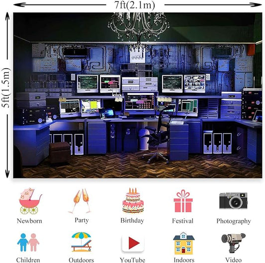 Custom Backdrop with Size Retro Computer Office Backdrop Blue Hacker Room Background for Photography Party Room Decor Photo Booth Props Supplies YUNBDZ008