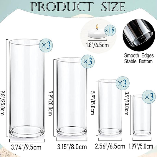 Set of 12 Pcs Glass Cylinder Vases for Centerpieces with 18 Pcs White Floating Candles for Centerpieces Glass Candle Holder for Table Shelf Wedding Party Home Decor (4"+6"+8"+10")