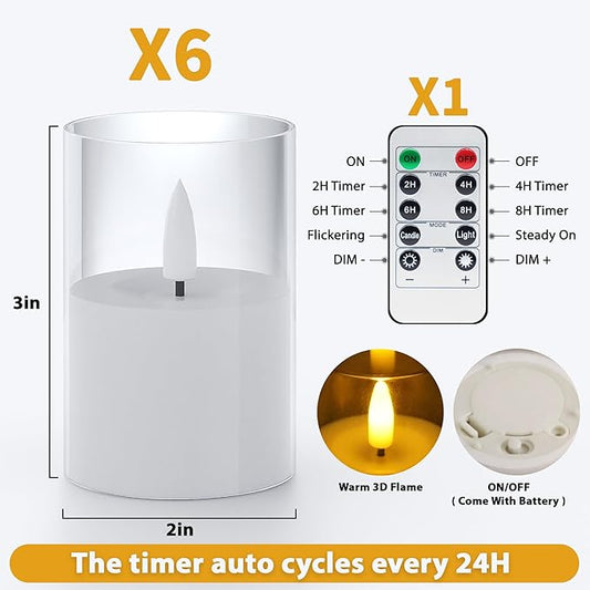 6Pack Flickering Flameless LED Candles with Remote & Timer, Battery Powered - Small Pillar & Votive, Clear (2"X3")