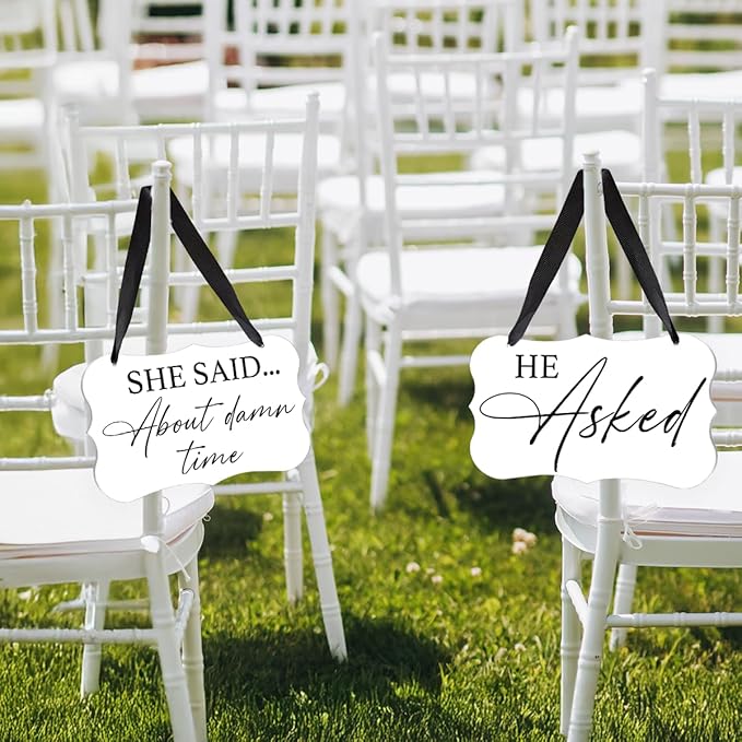 2 Pcs Acrylic Wedding Sign, Ring Bearer Sign, Rustic Wedding Decor Signs, Acrylic Wall Art With Ribbon for Chairs Weddings Decor and Event Party - He Asked She Said About Damn Time (White)