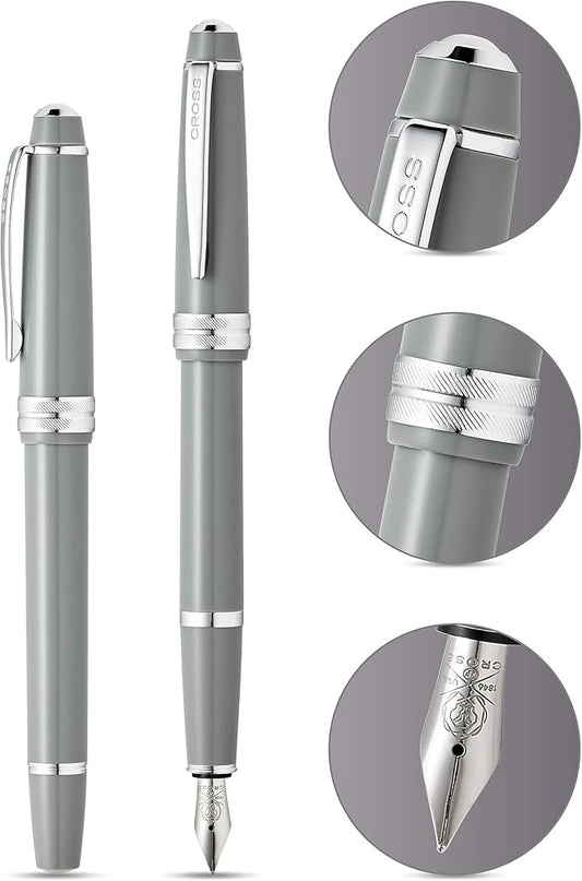 Cross Bailey Light Refillable Fountain Presented in a Everyday Gift Box - Medium Point, Black Ink, Polished Gray