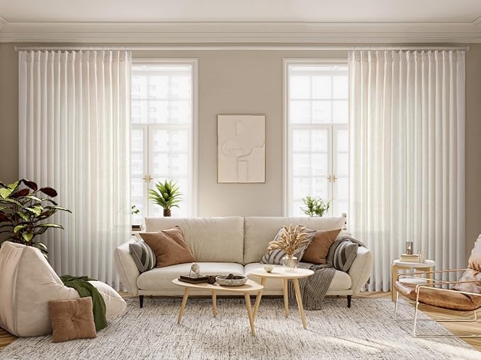 Vision Home Natural Pinch Pleated Semi Sheer Curtains Textured Linen Blended Light Filtering Window Curtains 120 inch for Living Room Bedroom Patio Pinch Pleat Drapes with Hooks 1 Panel 84" Wx120 L