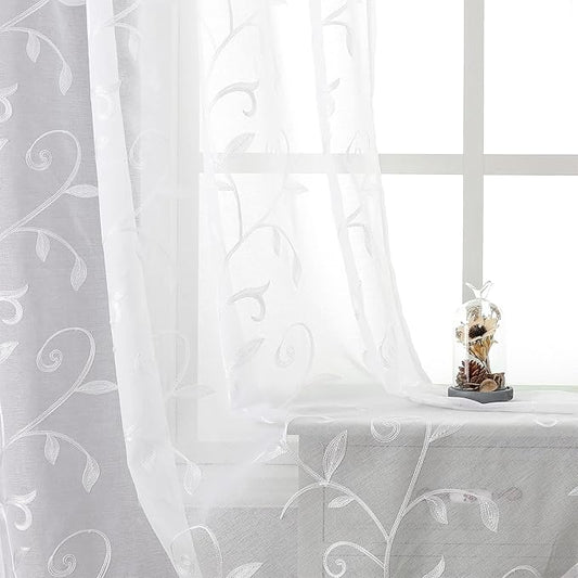 VISIONTEX White Leaves Sheer Voile Curtains, Decorative Embroidery Rod Pocket Window Drapes for Home Living Room and Bedroom 54 x 95 Inch, Set of 2 Curtain Panels