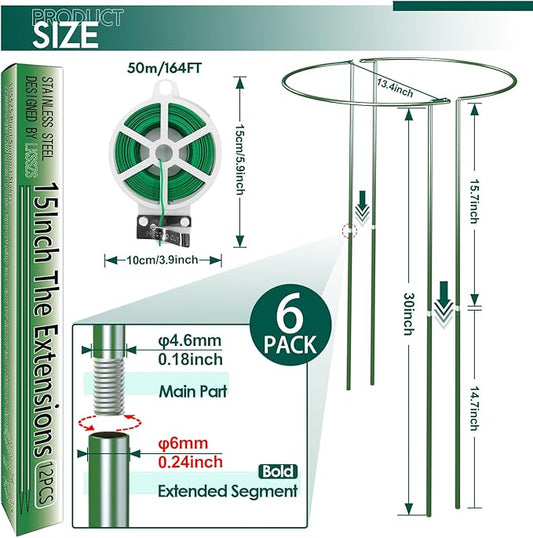 6 Pack 30 inch Plant Support Stakes, Heavy-Duty Half Round Peony Support, Garden Plant Stakes Cage for Outdoor Plants, Peony, Tomato, Hydrangea, (15In Support +15In Stainless Extension Tubes)