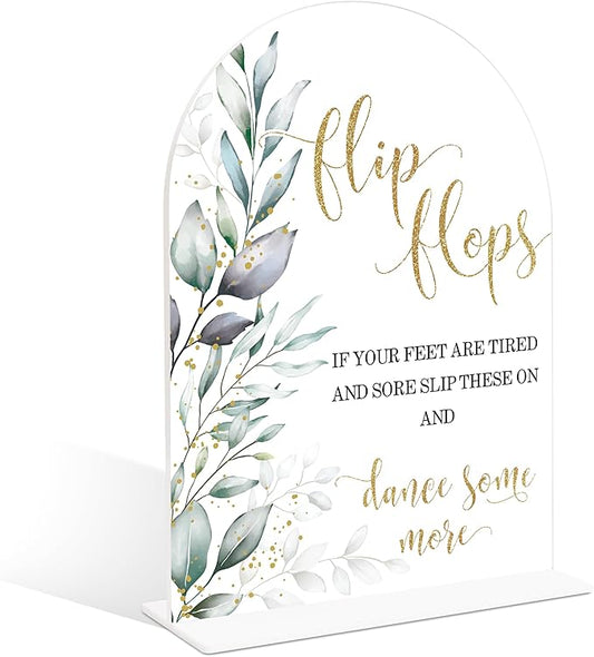 Acrylic Wedding Signs, Greenery Theme Flip Flops Sign, Wedding Reception Signage, Bridal Shower Table Decor with Stand, Engagement, Anniversary, Newlywed Events Supplies for Dance Floor Decor, 13
