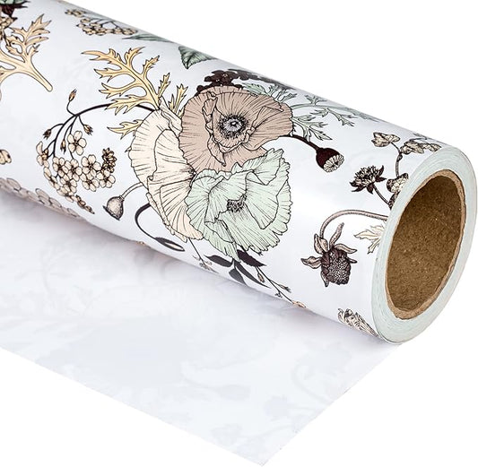 WRAPAHOLIC 30 Inch Jumbo Floral Wrapping Paper - 30 Inch X 33 Feet - Vintage Floral Printed on White Pearlized Paper Design for Wedding, Birthday, Mother's Day