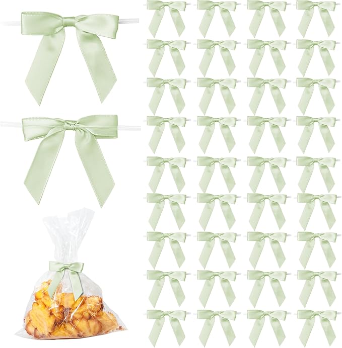 50Pcs Olive Green Twist Tie Bows for Gift Wrapping 2.5" Satin Ribbon Bow for Treat Bags Cake Balloons Birthday Party Favors Wedding Decorations