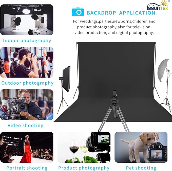 ISSUNTEX 6X9 ft Background Muslin Backdrop, Photo Studio, Collapsible High Density Screen for Video Photography and Television-Black
