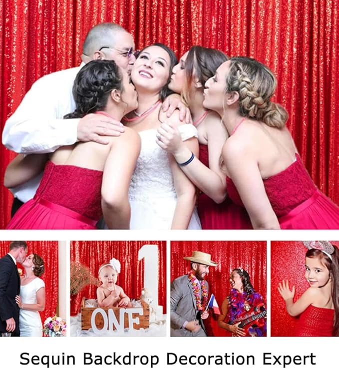 ShinyBeauty Sequin Backdrop Red 10X10FT for Photography, Wedding, Baby Birthday, Photo Booth - Glitter Shimmer Party Backdrop