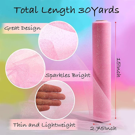 ICOSHOW Sparkling Tulle Rolls, 15” by 30 Yards (90FT) Glitter Tulle Spool Ribbon Fabric for Wedding Birthday Bridal Shower Tutu Skirt Party Gift Wrapping (Pink)