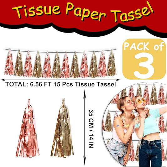 3P Rose Champagne Gold Metallic Fringe Tassel Banner Garland Foil Tinsel Streamer Wall Hanging Curtain Backdrop Banner for Parade Floats, Graduation Decorations, Wedding Party Decoration